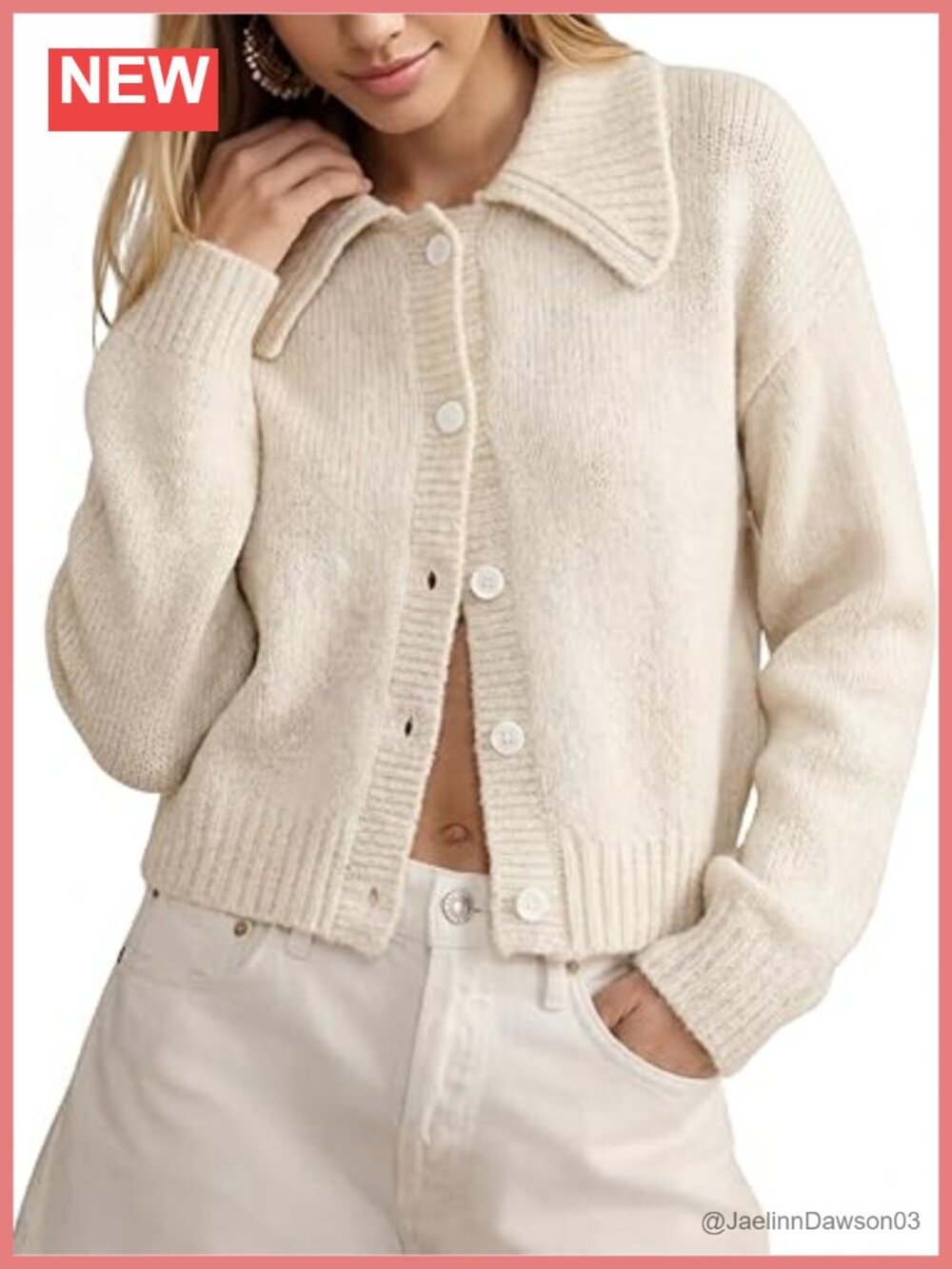 Women Cropped Button Up Collared Long Sleeve Knit Cardigan Sweater